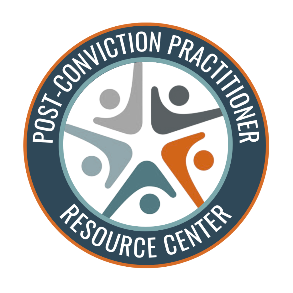Circular logo for the Post-Conviction Practitioner Resource Center, featuring four abstract human figures in gray, blue, and orange, arranged in a star shape within a dark blue and orange-bordered ring.