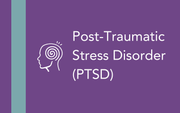 Graphic of a human head silhouette with a spiral inside, labeled Post-Traumatic Stress Disorder (PTSD).